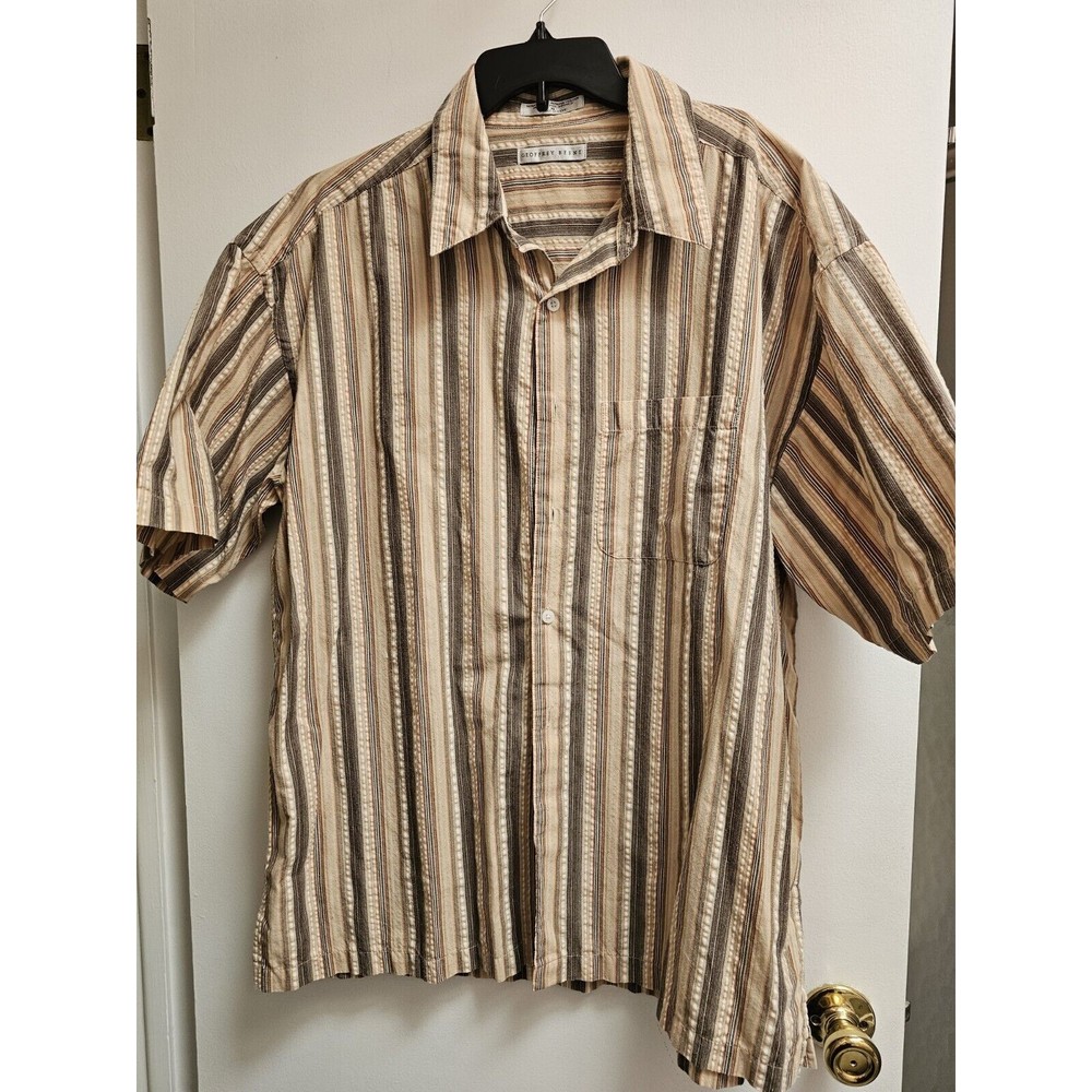 Geoffrey Beene Button Down Tan With Brown Stripes Short Sleeves XL Cotton/Poly